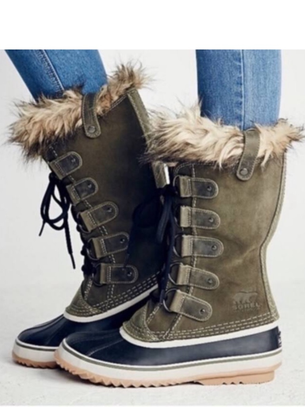 Sorel Olive Green Faux-Fur Lace-Up Winter Boots for Women